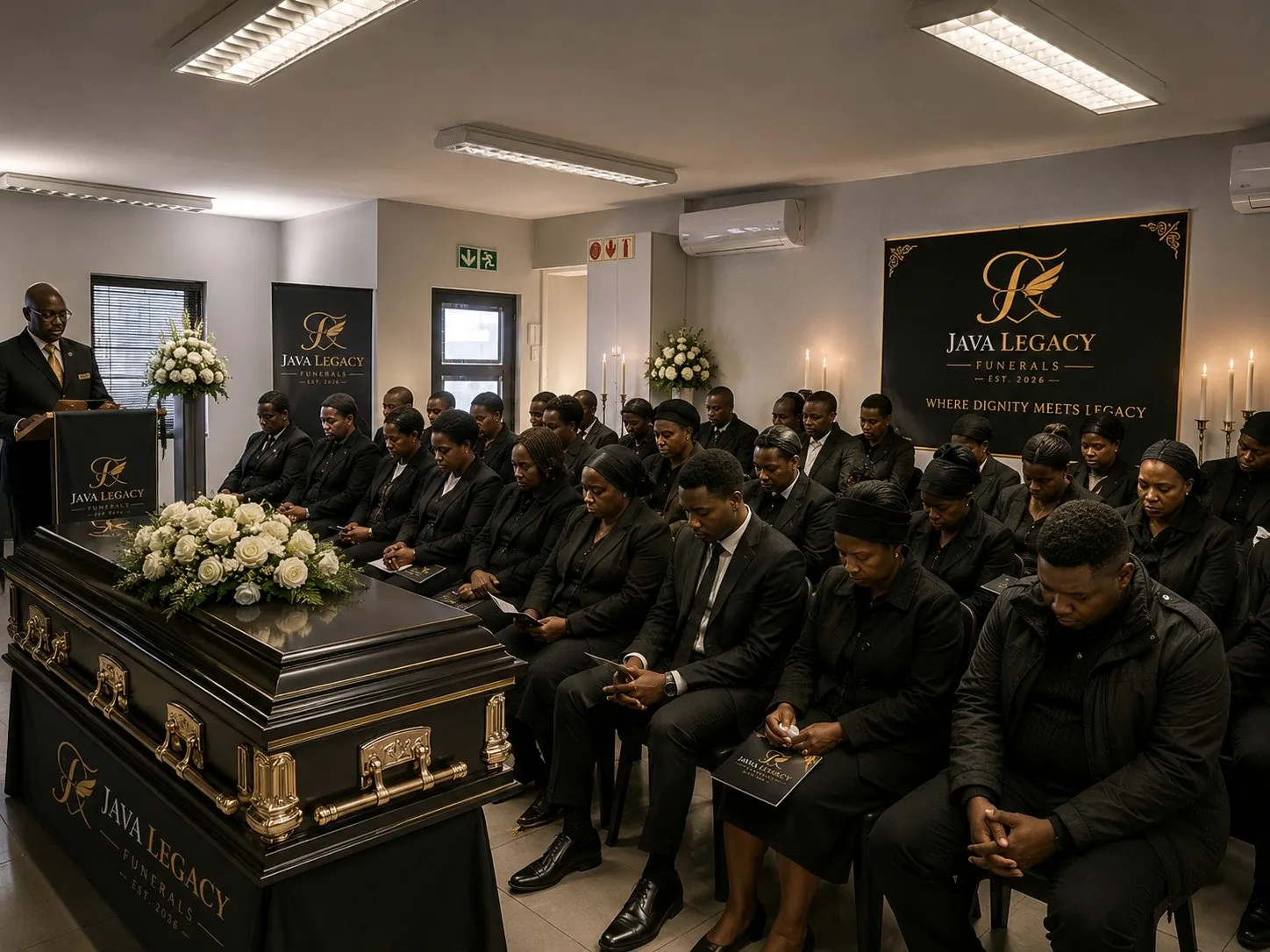 A Java Legacy Funerals chapel service with family seated beside the casket