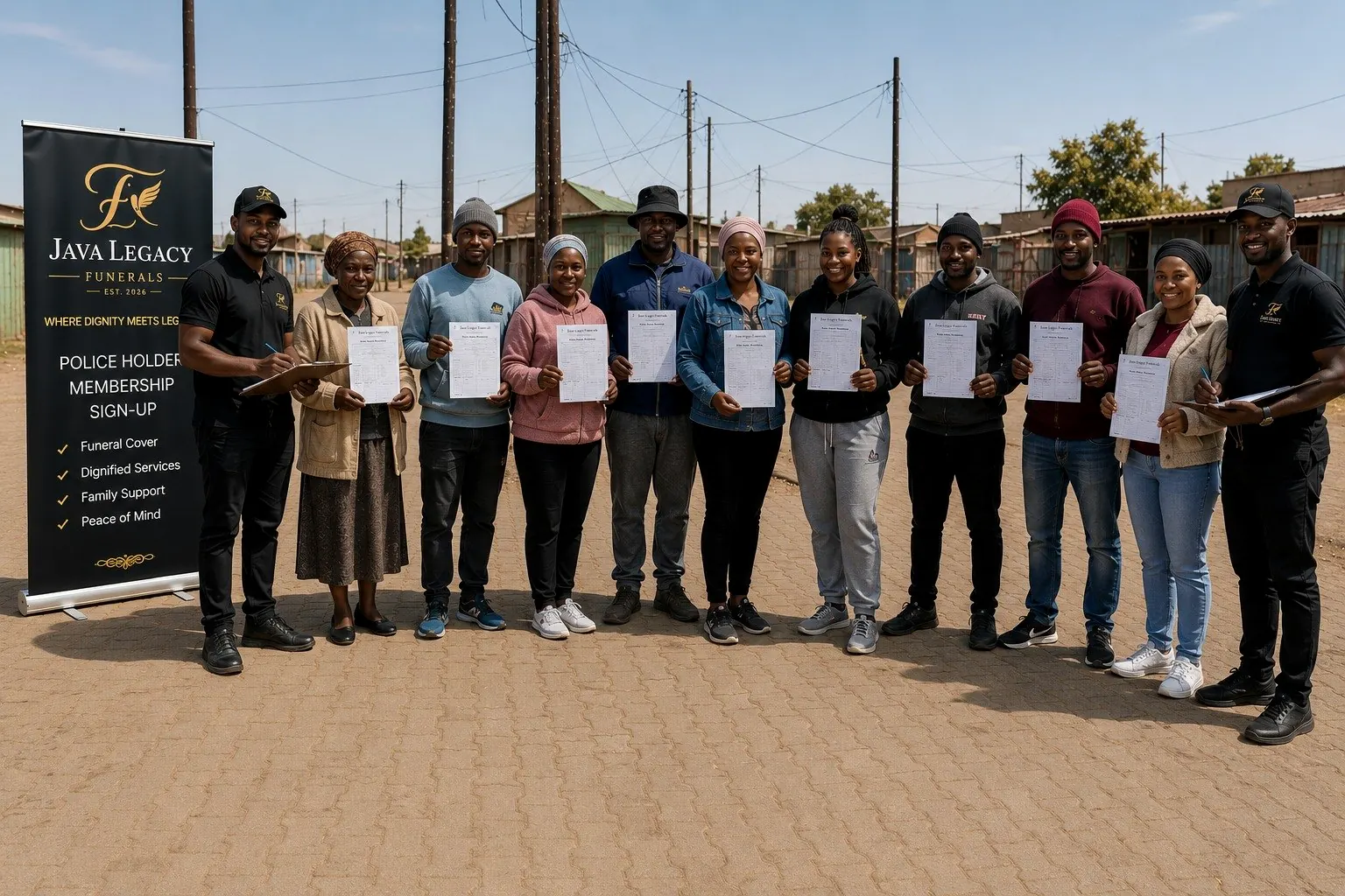 New members holding their Java Legacy policy documents at a community sign-up