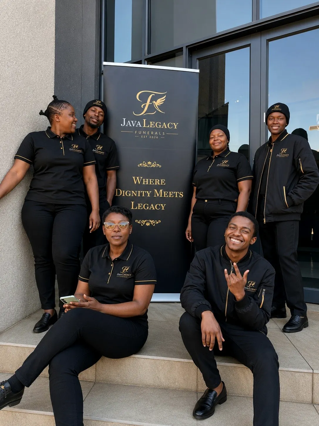 The Java Legacy Funerals team in front of their banner