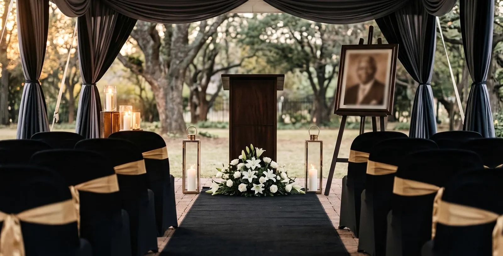 A graveside ceremony set-up with black and gold chairs, candles and a tribute portrait